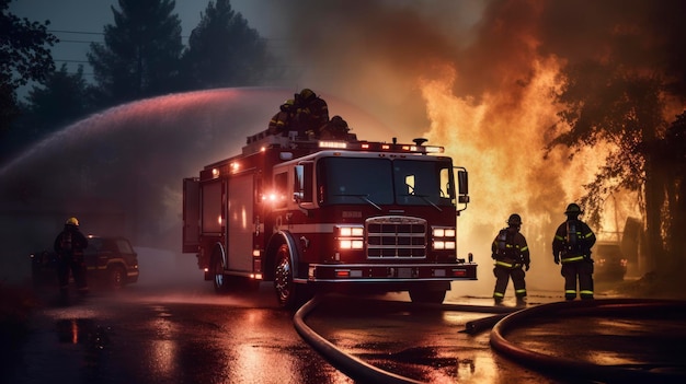 Vigili del fuoco con camion dei pompieri che combattono l'incendio