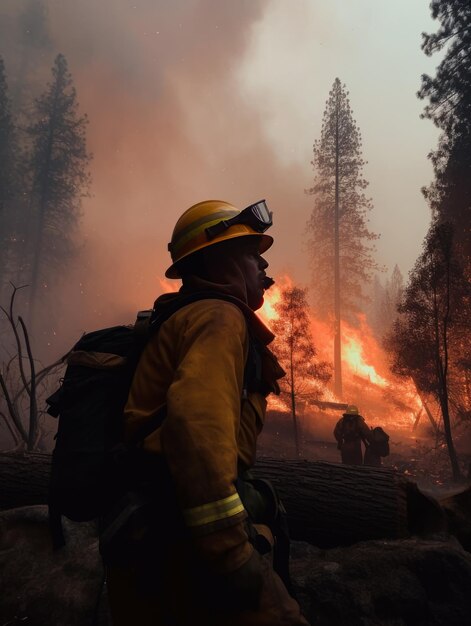 Vigili del fuoco spengono incendi boschivi catastrofe ambientale Vigili del fuoco spengono incendi boschivi Un vigile del fuoco in piedi davanti a un incendio boschivo