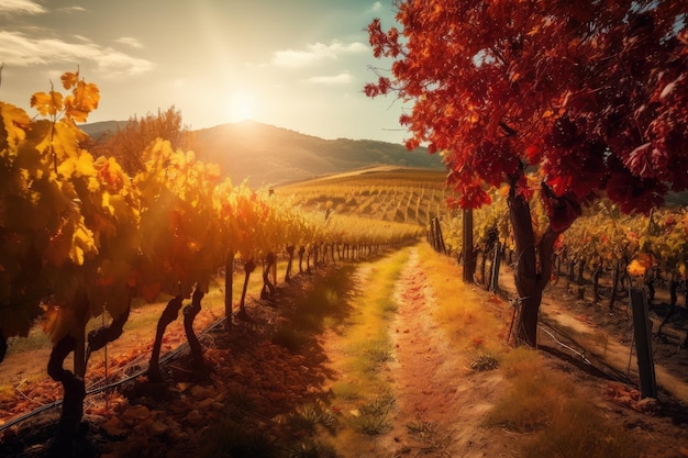 Vigneto circondato dai colori autunnali con il caldo sole che splende