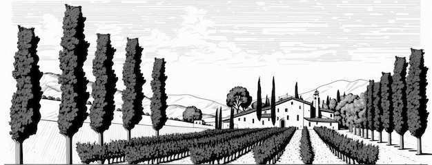 Vigneto con filari di viti e casa semplice stile di illustrazione del disegno al tratto Generativo ai