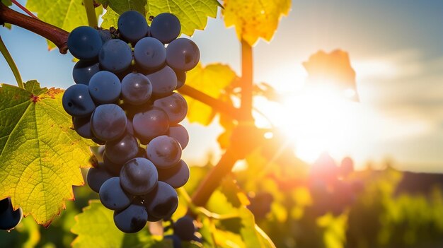 Vigneto con un grappolo di uva blu con il sole