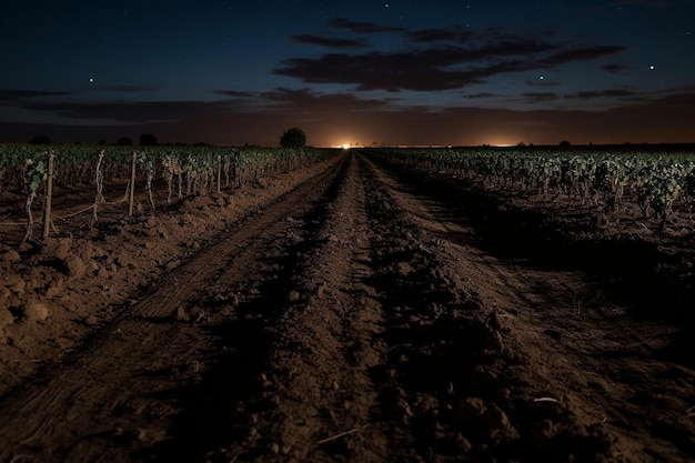 Vigneto illuminato dalla luna con file di viti