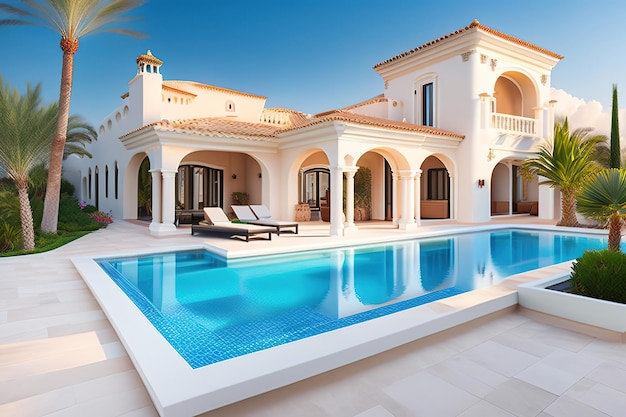 Villa bianca mediterranea con palme e piscina generata da Ai