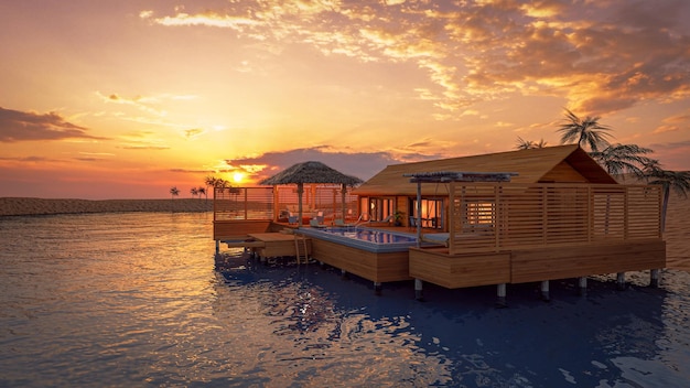 Villa con piscina in mezzo al mare durante il tramonto 3D rendering dell'illustrazione