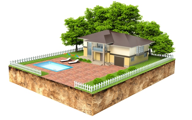 Villa con piscina su un pezzo di terra con giardino e alberi