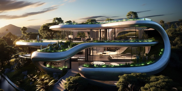 Villa futuristica con vista su una bellissima città verde con un'oasi e un ambiente sano
