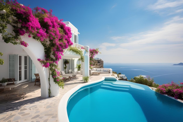 Villa greca con grande piscina e fiori con vista sull'oceano e sull'isola