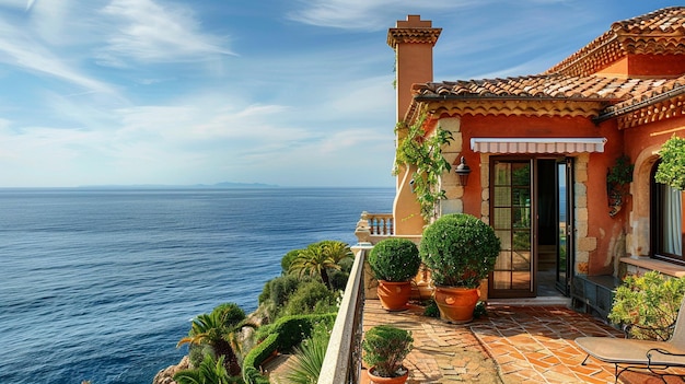 Villa mediterranea con vista sull'oceano con accenti in terracotta