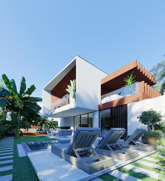 Villa moderna a dubai. rendering 3D. Architettura lussuosa. Casa in stile moderno