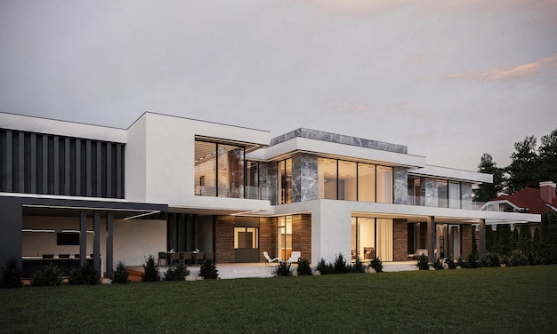 Villa moderna con ampio terrazzo e finestre panoramiche. visualizzazione 3D. Architettura unica. Persino