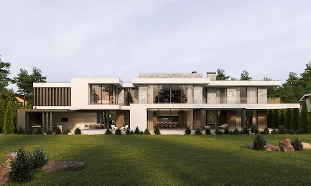 Villa moderna con ampio terrazzo e finestre panoramiche. visualizzazione 3D. Architettura unica.