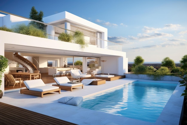 Villa moderna con piscina vista all'aperto rendering 3D rendering che ritrae una terrazza di casa moderna con piscina AI generato