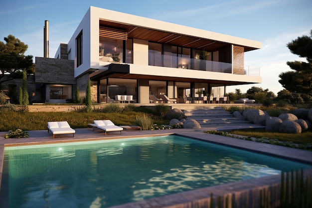 Villa moderna in cemento a vista con giardino e piscina