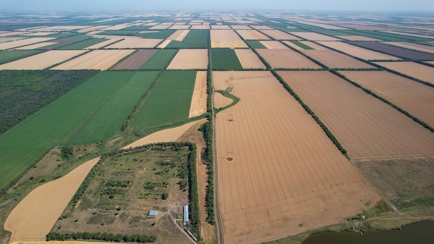Villaggio agricolo con fiume e campi di grano e mais nelle fertili terre della Russia
