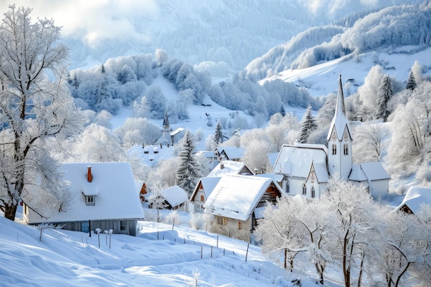 villaggio coperto di neve con una chiesa