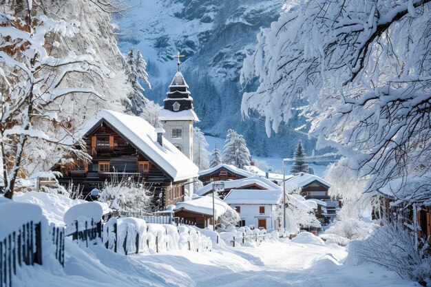 villaggio coperto di neve con una chiesa