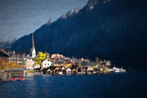 Villaggio del paesaggio dell'Austria della pittura a olio Hallstatt