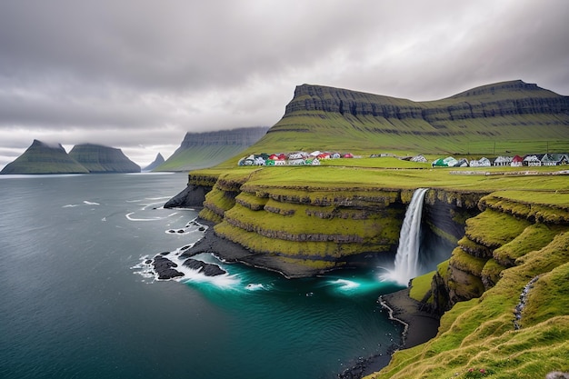 Villaggio di Gasadalur e bella cascata Vagar Isole Faroe Generative AI