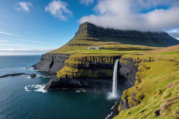 Villaggio di Gasadalur e bella cascata Vagar Isole Faroe Generative AI