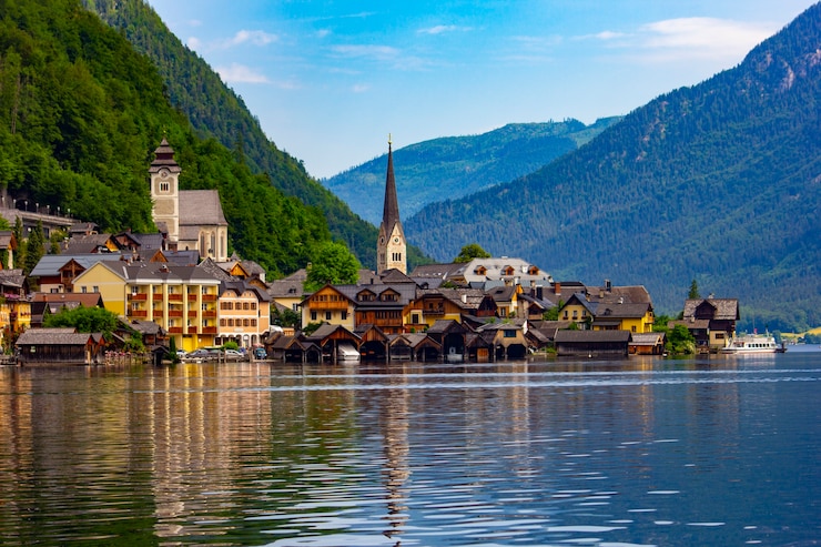 Foto villaggio di hallstatt sul lago hallstatter nelle alpi austriache