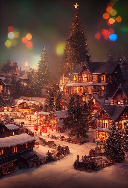 Villaggio di Natale in montagna Case di paesaggio invernale con decorazioni natalizie