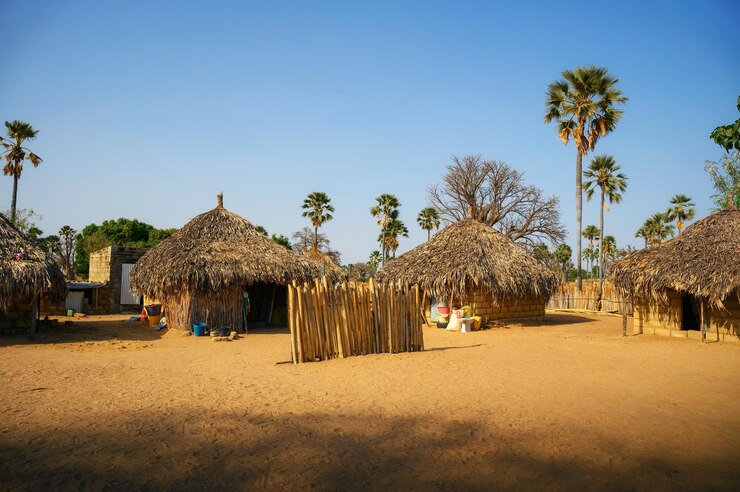 Villaggio tradizionale con case di argilla in Senegal, Africa