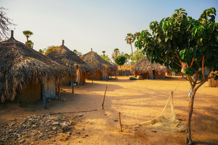 Villaggio tradizionale con case di argilla in Senegal, Africa