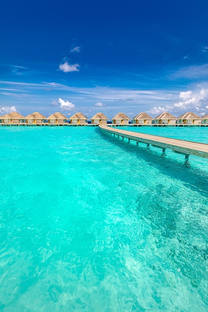 Ville sull'acqua e ponte di legno sulla spiaggia tropicale delle Maldive al giorno d'estate Molo di legno del ponte