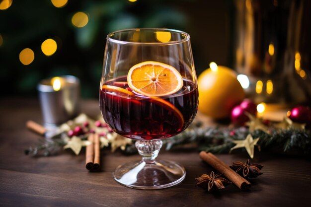 Vin brulè rosso con spezie e agrumi Bevanda calda tradizionale nel periodo natalizio Illustrazione AI generativa