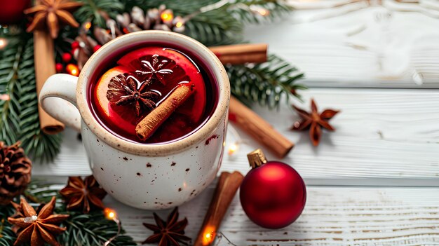 Vin brulè rovente con cannella e foglie di Natale