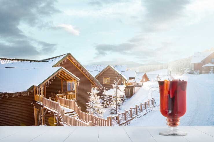 Vin brulé speziato e paesaggio di montagne sullo sfondo. Bevanda calda alcolica di fronte a montagne innevate e cielo nuvoloso. Caldo in inverno, vacanze, viaggi, Capodanno e Natale. .