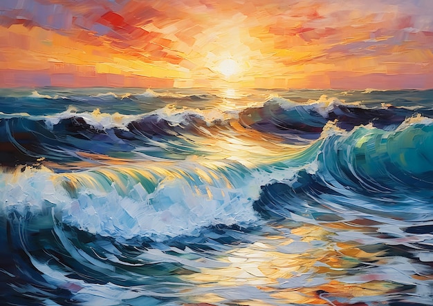 vince il tramonto le onde dell'oceano dipinte a olio i colori intensi e luminosi che riflettono i soli la luce gli strati spessi i ritmi