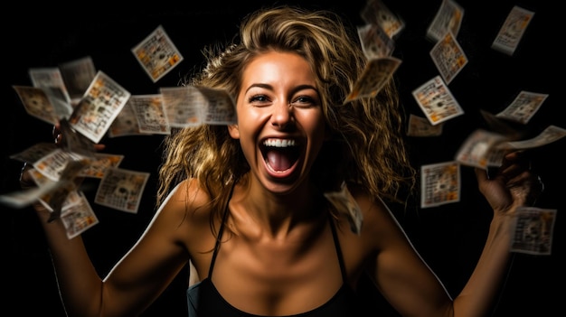 Vincere la lotteria il viso felice di una donna su uno sfondo scuro con un posto per la foto di testo