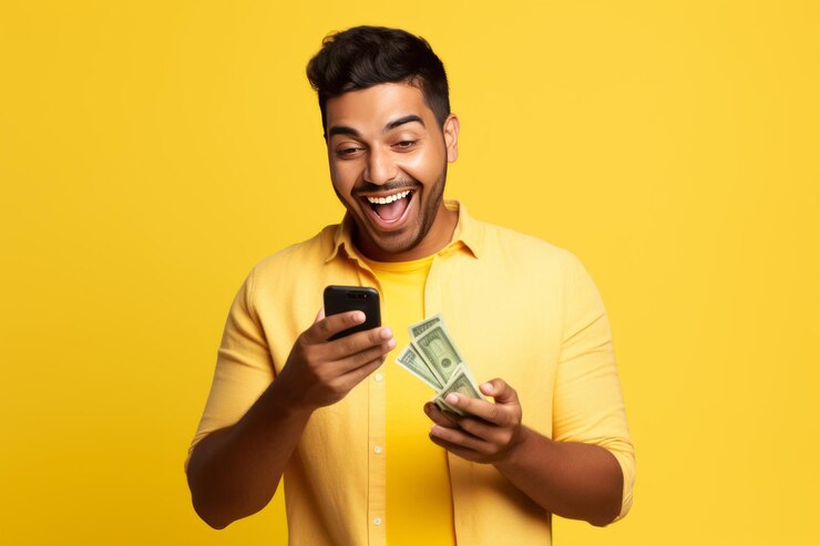 Foto vincere la lotteria un gioioso uomo indiano celebra la vittoria con smartphone e ricambi in contanti