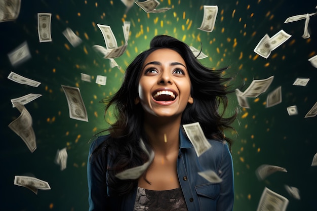Vincere un concetto di lotteria Sorridente giovane donna indiana felice espressione