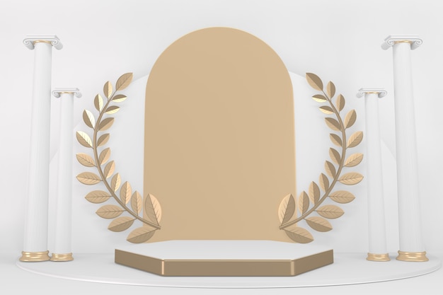 Vincitore del podio d'oro vittoria su sfondo bianco design minimale. Rendering 3D