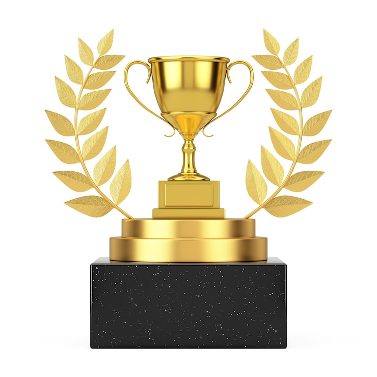 Foto vincitore del premio cube gold laurel wreath podio, palco o piedistallo con golden award trophy su sfondo bianco. rendering 3d