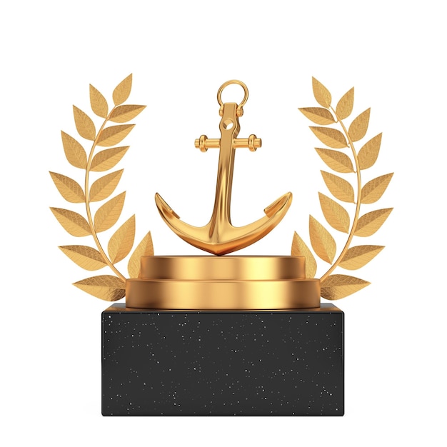 Vincitore del premio Cube Gold Laurel Wreath Podio Stage o piedistallo con Golden Nautical Anchor 3d Rendering