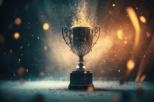 Vincitore della coppa del trofeo campione d'oro su sfocatura bokeh luci scure sfondo arte generata dall'intelligenza artificiale