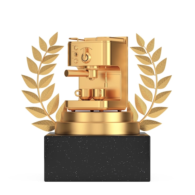 Vincitore premio Cube Gold Laurel Wreath Podio palco o piedistallo con Golden Espresso Coffee Making Machine 3d Rendering