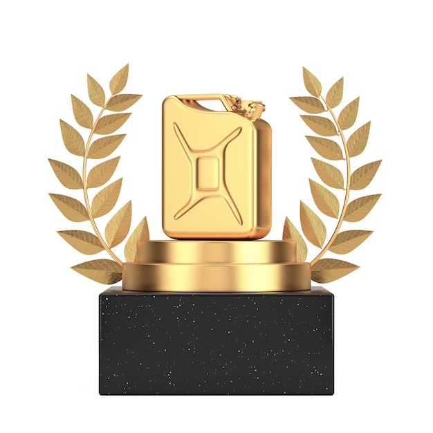 Vincitore premio Cube Gold Laurel Wreath Podio palco o piedistallo con Golden Jerrycan 3d Rendering