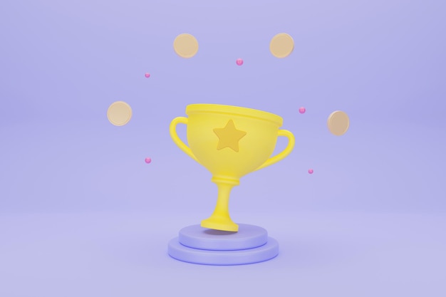 Vincitori con premio coppa d'oro denaro coinon sfondo blu Cerimonia di premiazione concetto di successo della vittoria rendering 3d