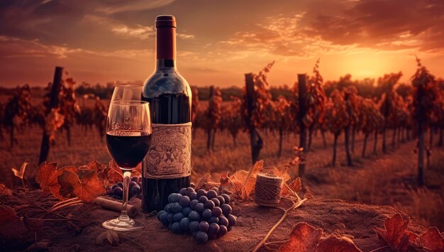 Vineyard Elegance Bottiglia di vino rosso e uva su uno sfondo al tramonto Generativo AI