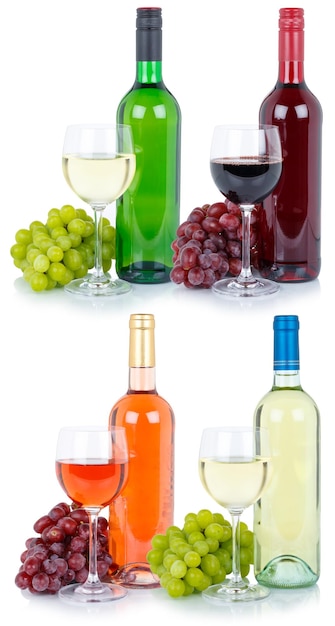 Vini degustazione di vini raccolta collage bottiglia alcol uve isolate su bianco