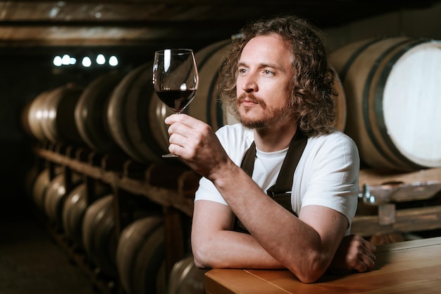 Vinificatore che ispeziona il vino rosso in cantina