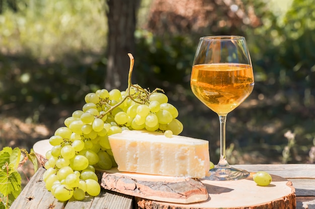 Vino ambrato in bicchieri sulla natura: natura morta con formaggio, uva e vino in stile rustico. Vino nazionale georgiano o vino italiano