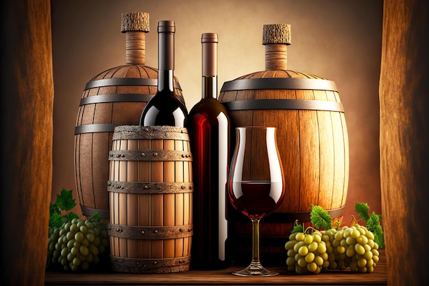 Vino bevande alcoliche in bottiglie create in botti di vino in legno