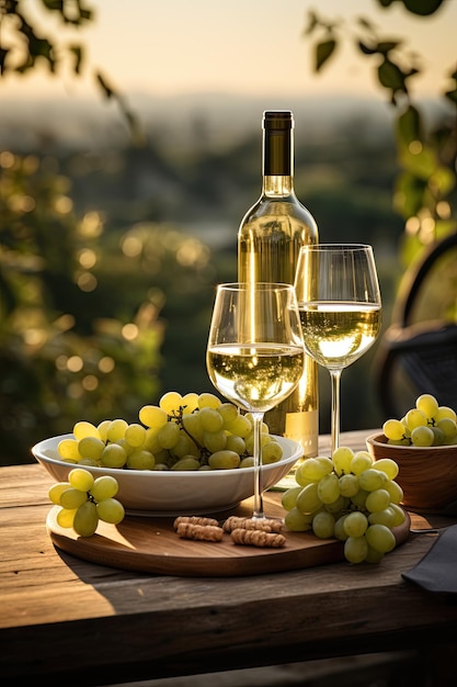 Vino bianco con bicchieri d'uva e ambiente esterno della cantina della bottiglia