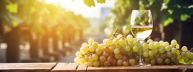 vino bianco con uva su una vecchia tavola di legno sfocato sullo sfondo del vigneto