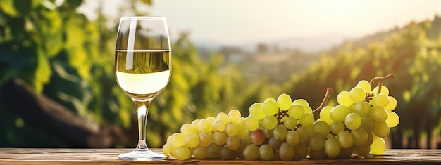 vino bianco con uva su una vecchia tavola di legno